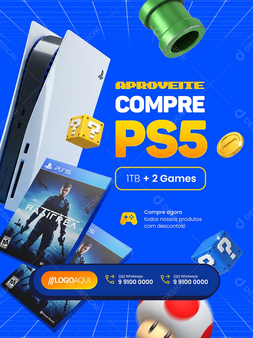 Loja Games Aproveite Compre PS5 1TB 2 Games Social Media PSD Editável