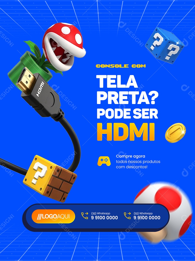 Loja Games Console com Tela Preta Pode Ser HDMI Social Media PSD Editável