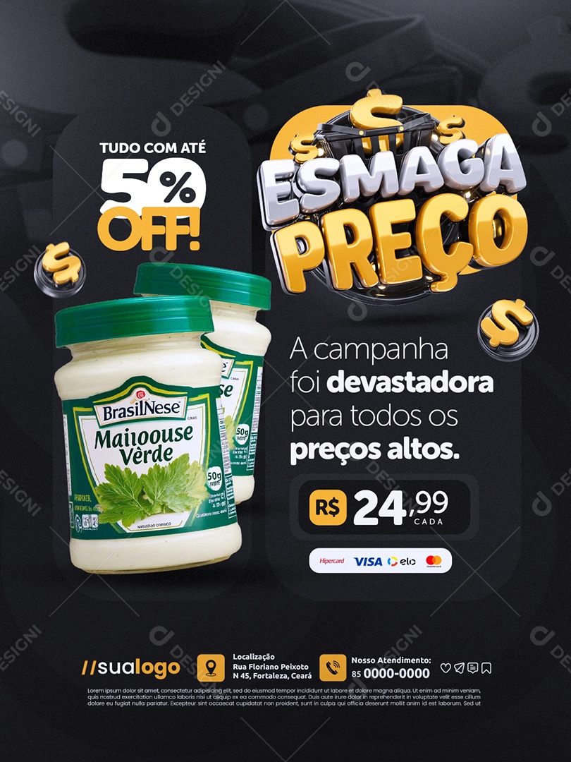 Esmaga Preço Supermercado Maionese Tudo com Até 50% Off Social Media PSD Editável