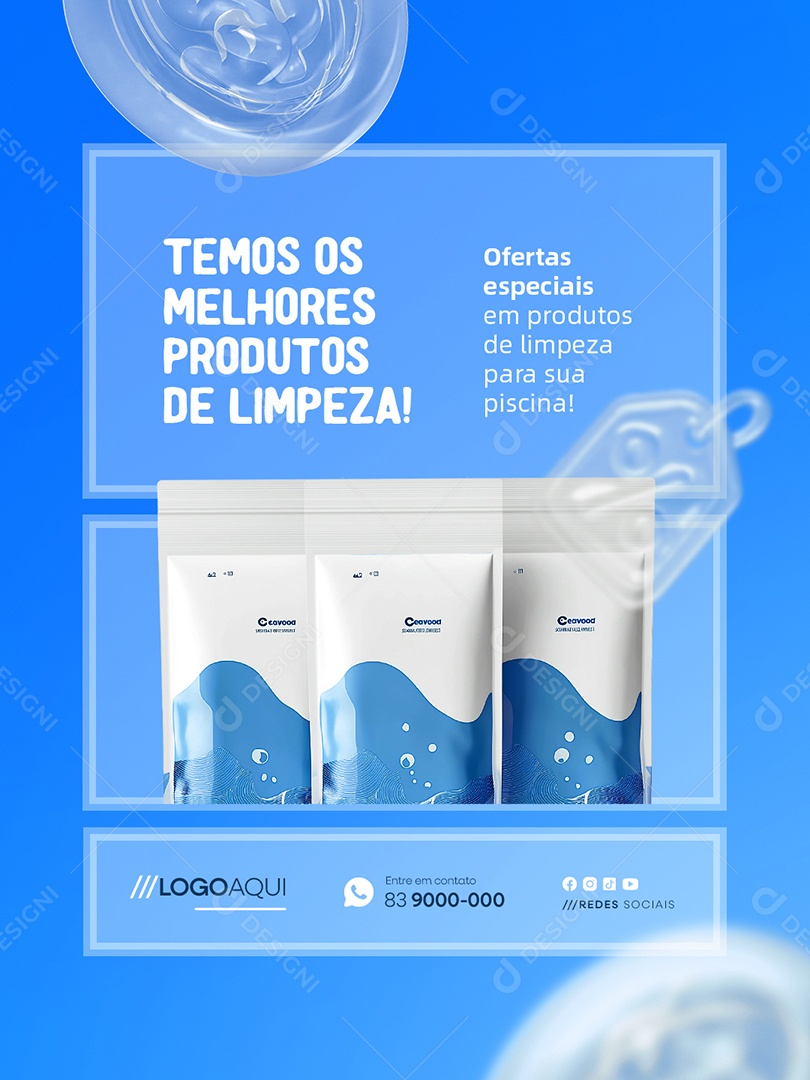 Piscina Temos Os Melhores Produtos de Limpeza Social Media PSD Editável