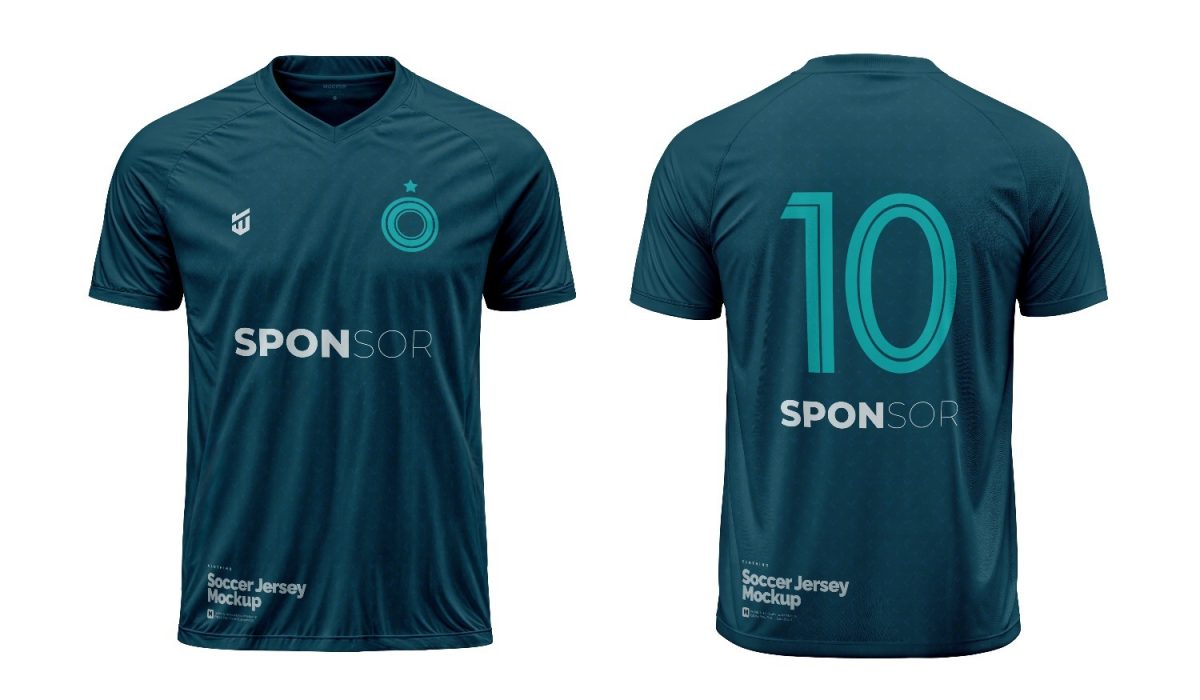 Camisa de Futebol Mockup Sponsor Azul frente e costas PSD Editável