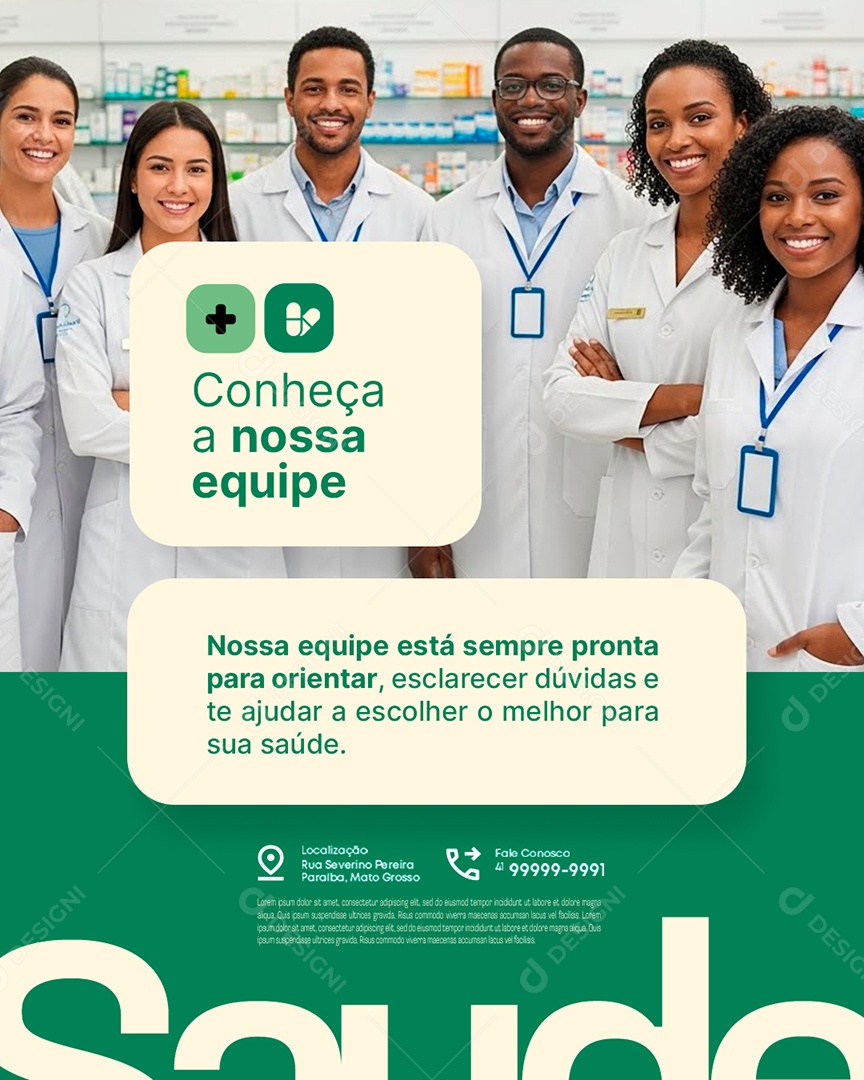 Farmácia Conheça a Nossa Equipe Social Media PSD Editável
