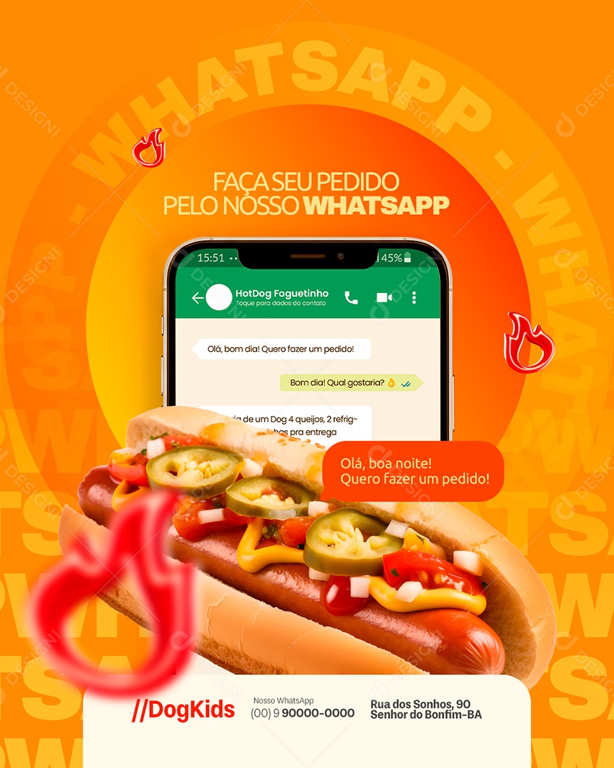 Hot Dog Faça Seu Pedido Pelo Nosso WhatsApp Social Media PSD Editável