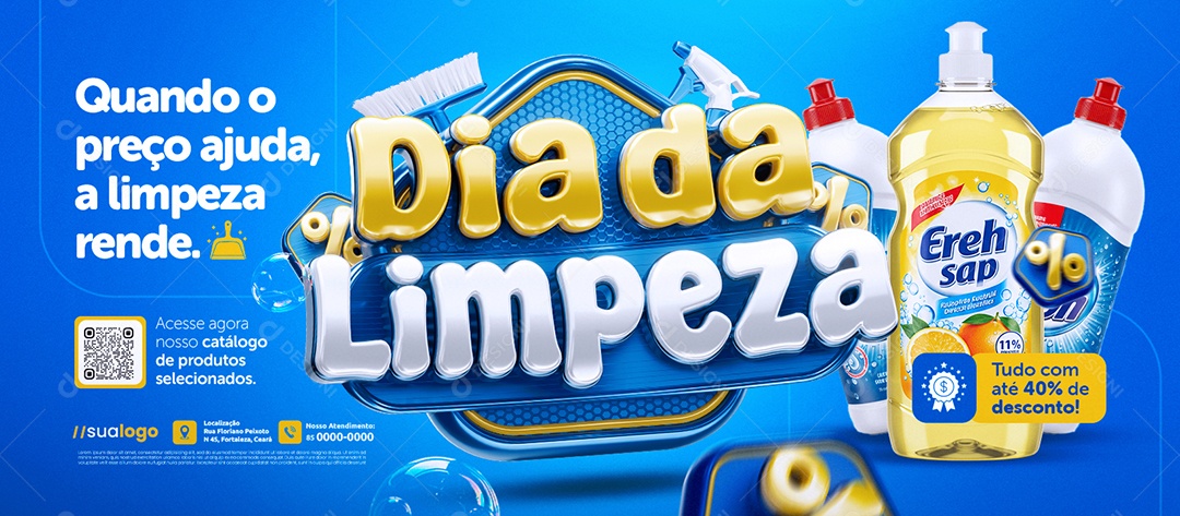 Banner Supermercado Dia da Limpeza Tudo com Até 40% com Desconto Social Media PSD Editável