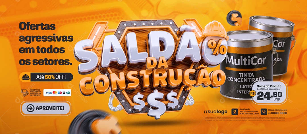 Banner Loja de Tintas Saldão da Construção Ofertas Agressivas Social Media PSD Editável