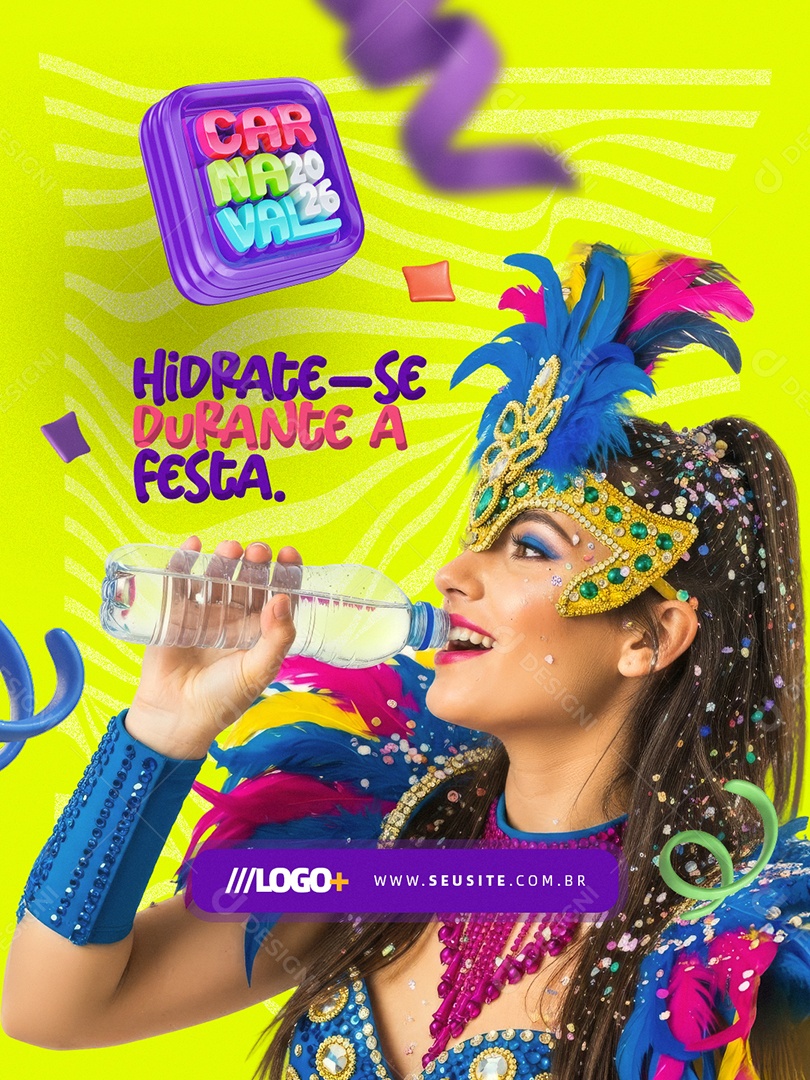 Carnaval 2026 Hidrate-Se Durante a Festa Social Media PSD Editável