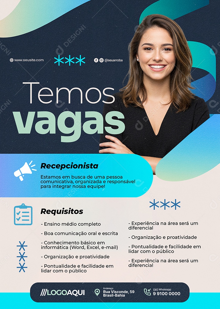 Flyer Vaga de Emprego Temos Vagas Recepcionista Social Media PSD Editável
