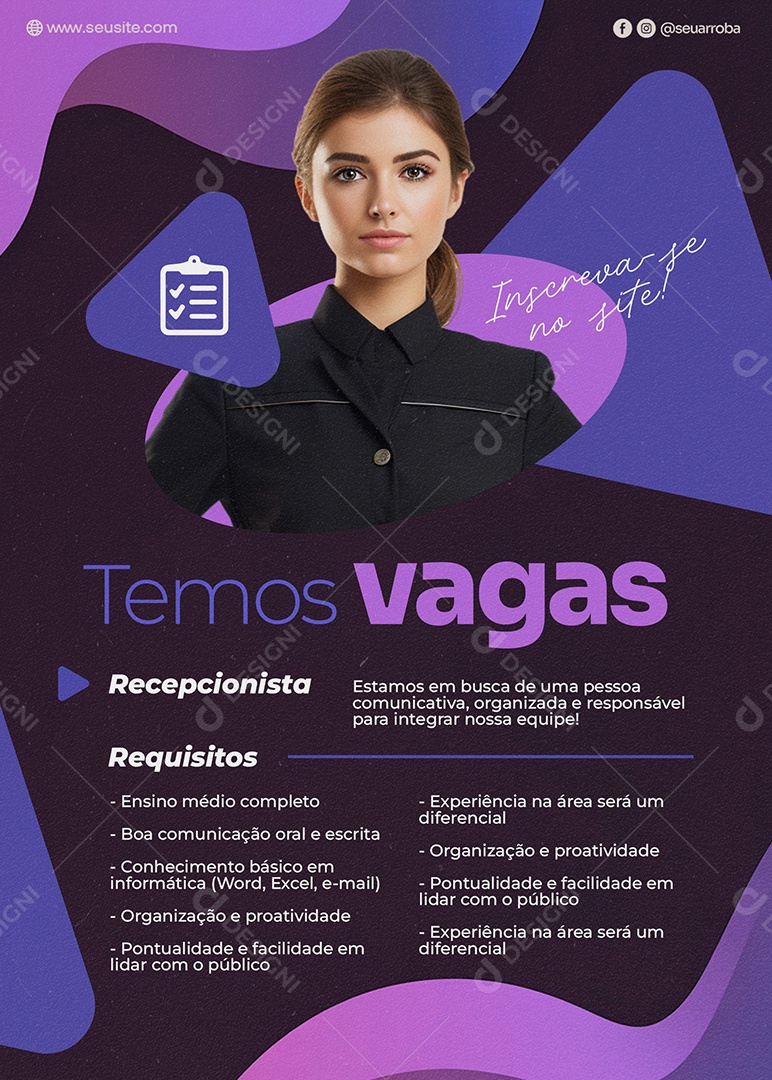 Flyer Vaga de Emprego Temos Vagas Recepcionista Social Media PSD Editável