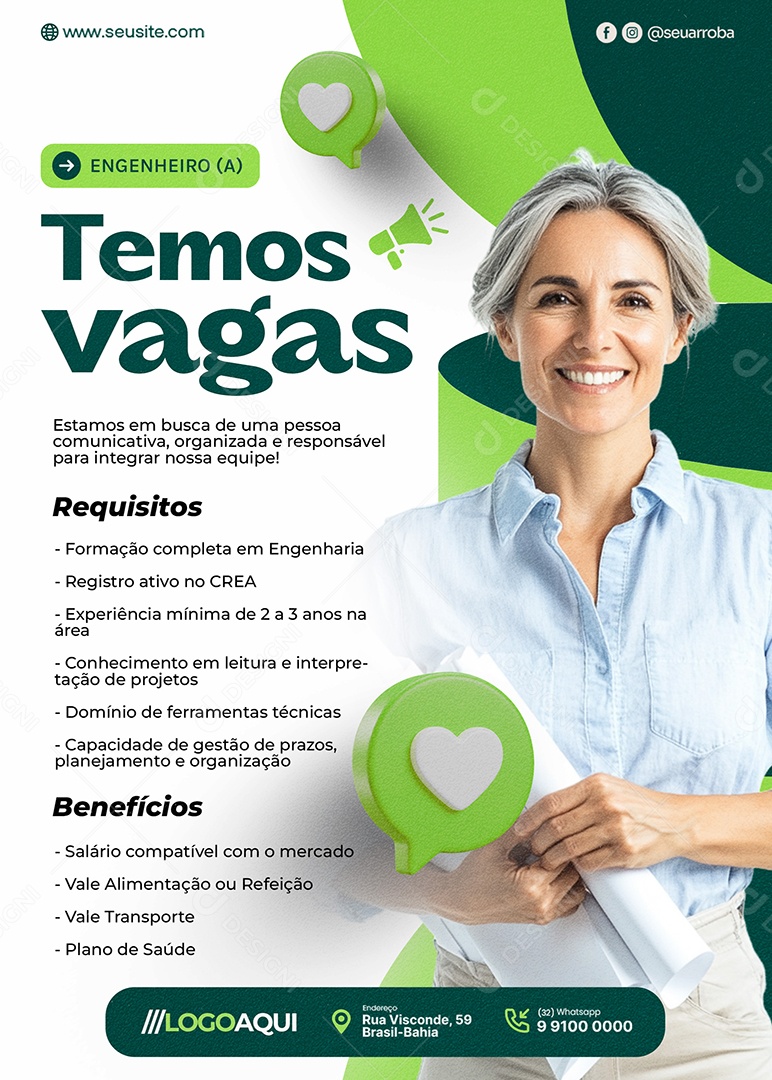 Flyer Vaga de Emprego Temos Vagas Engenheiro Social Media PSD Editável