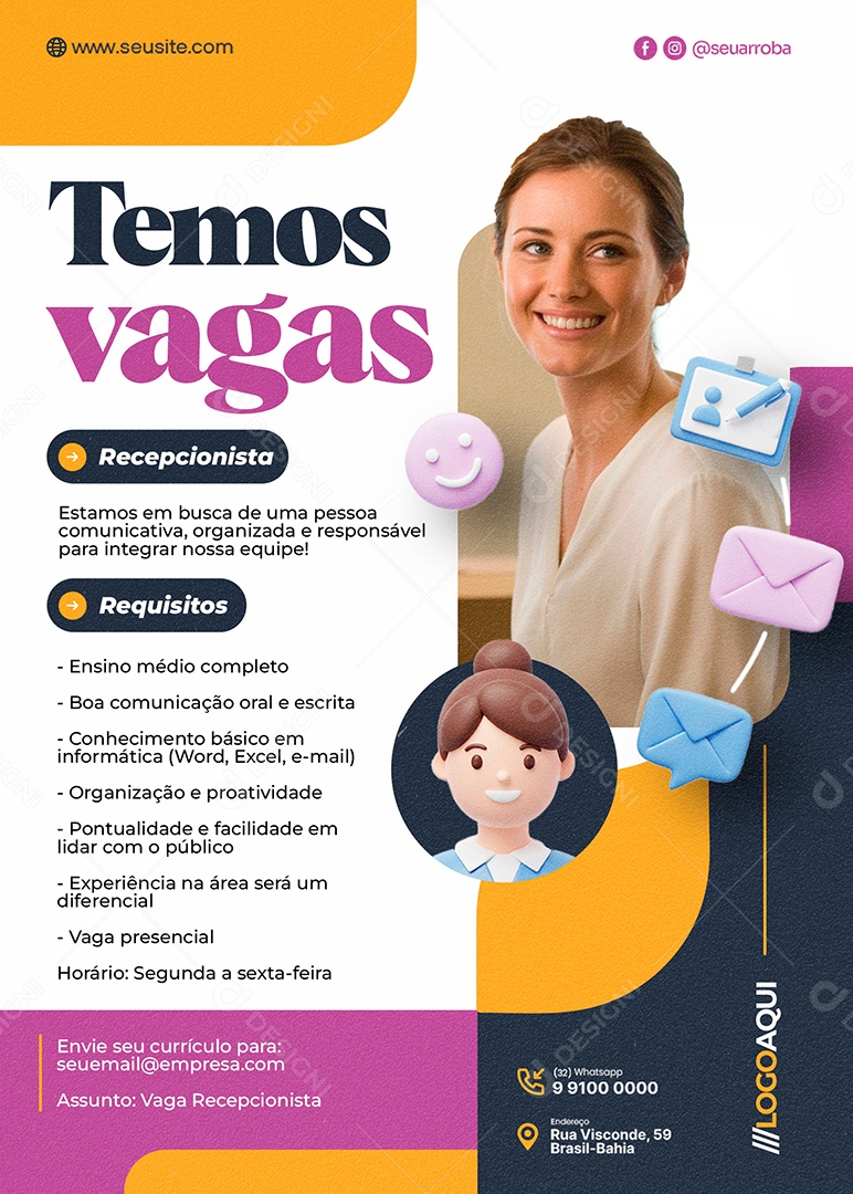Flyer Vaga de Emprego Temos Vagas Recepcionista Social Media PSD Editável