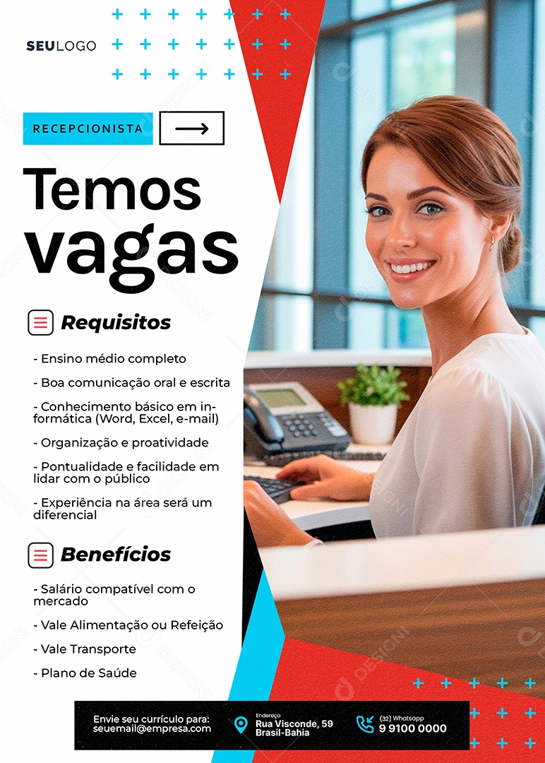 Flyer Vaga de Emprego Temos Vagas Recepcionista Social Media PSD Editável