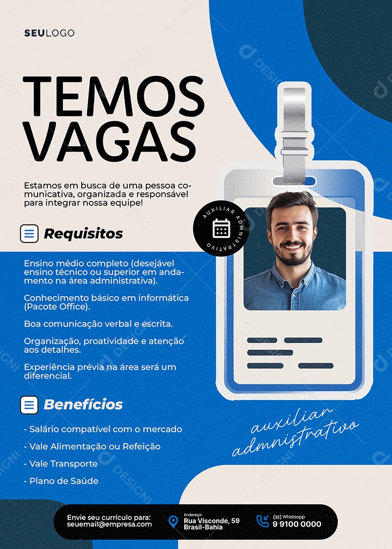 Flyer Vaga de Emprego Temos Vagas Auxiliar Admnistrativo Social Media PSD Editável