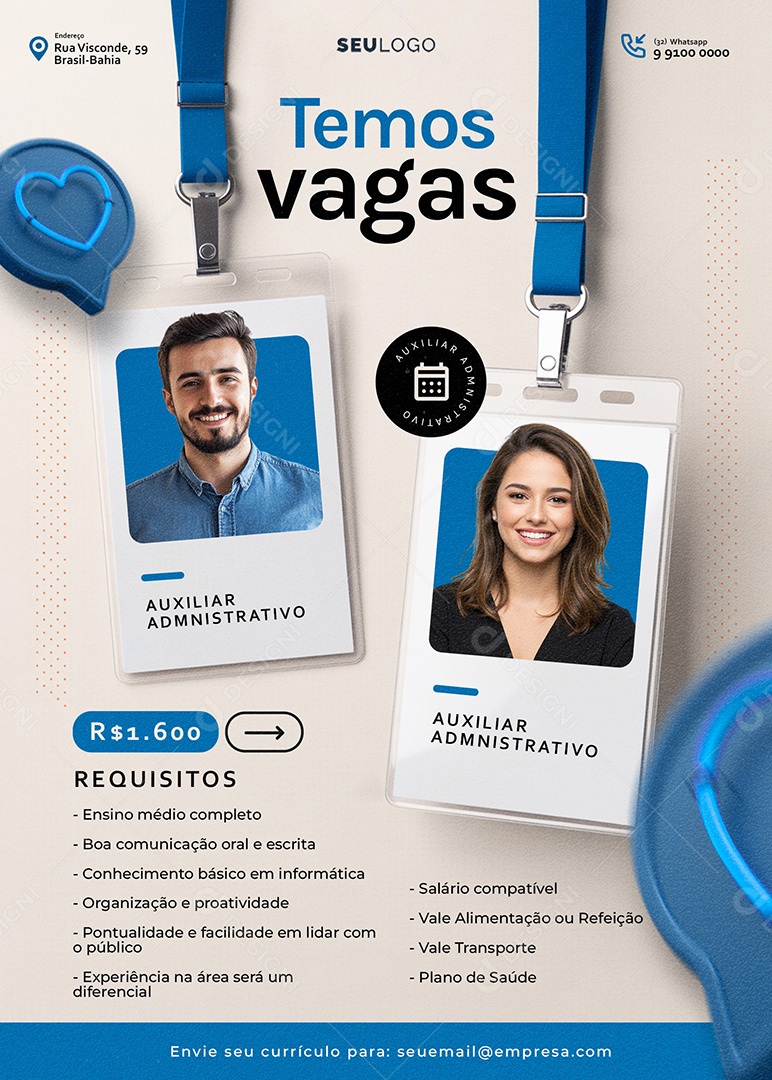 Flyer Vaga de Emprego Temos Vagas Auxiliar Admnistrativo Social Media PSD Editável