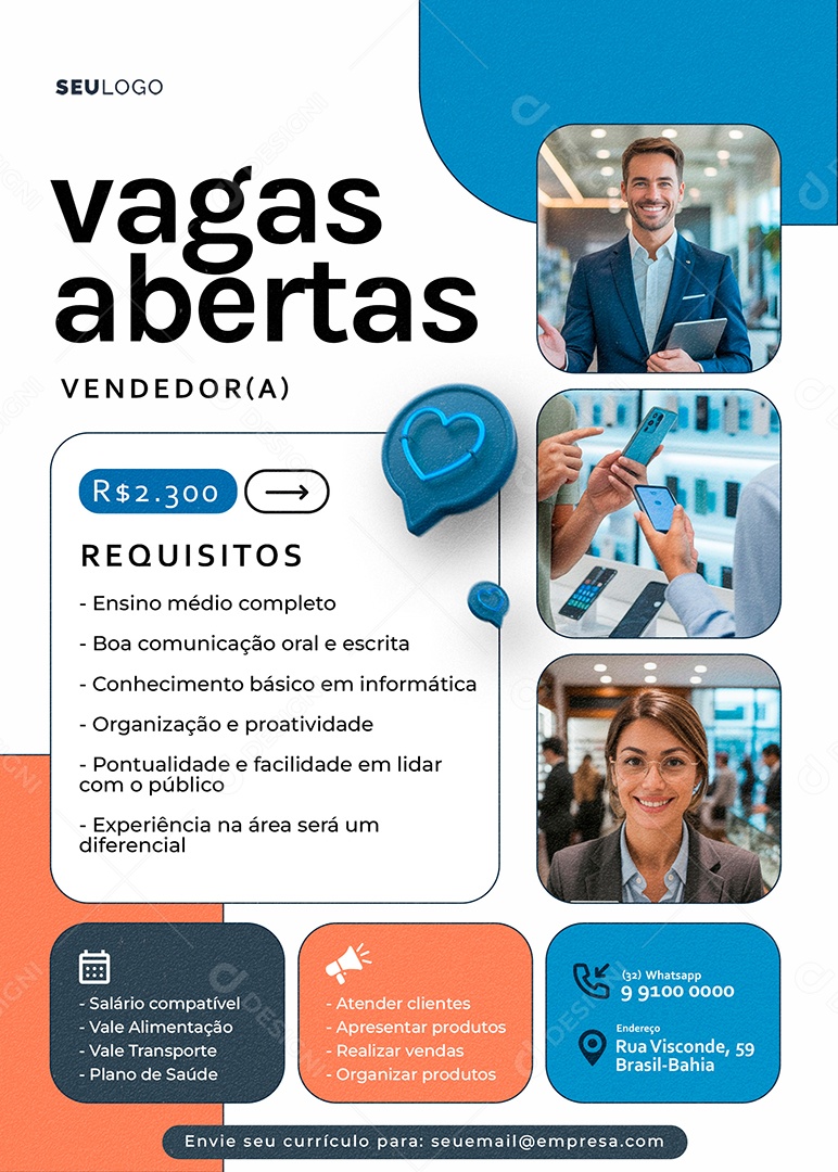 Flyer Vaga de Emprego Vagas Abertas Vendedor Social Media PSD Editável