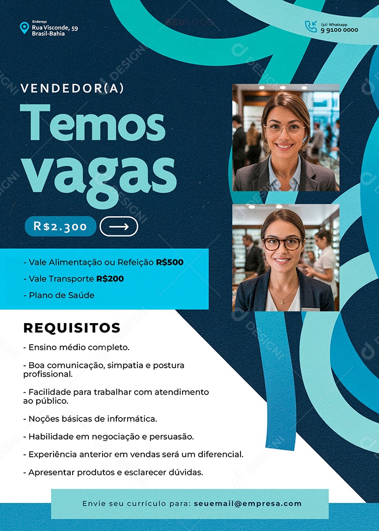 Flyer Vaga de Emprego Temos Vaga Vendedora Social Media PSD Editável