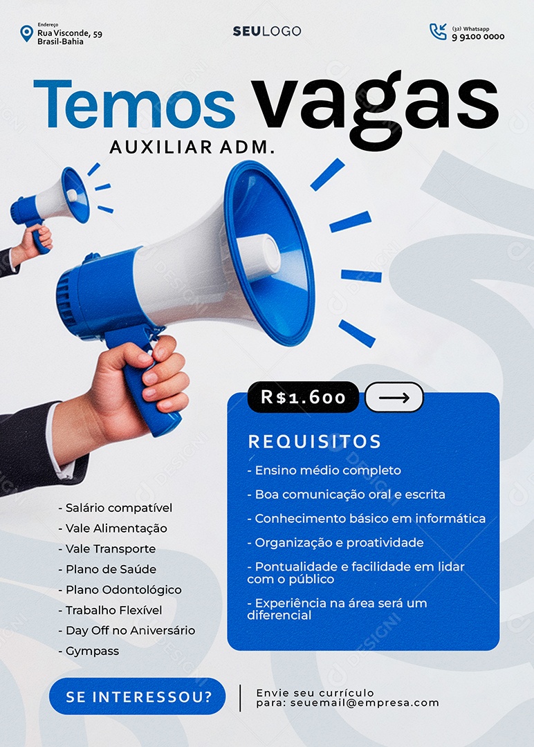 Flyer Vaga de Emprego Temos Vagas Auxiliar Administração Social Media PSD Editável