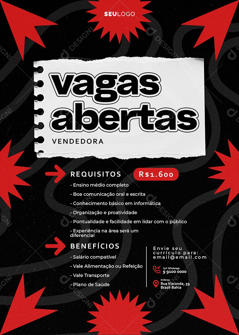 Flyer Vaga de Emprego Vagas Abertas Vendedora Social Media PSD Editável