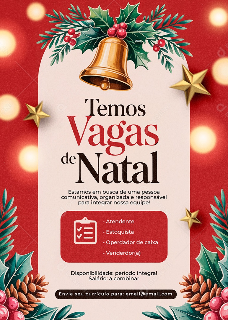 Flyer Vaga de Emprego Temos Vagas de Natal Atendente Estoquista Social Media PSD Editável