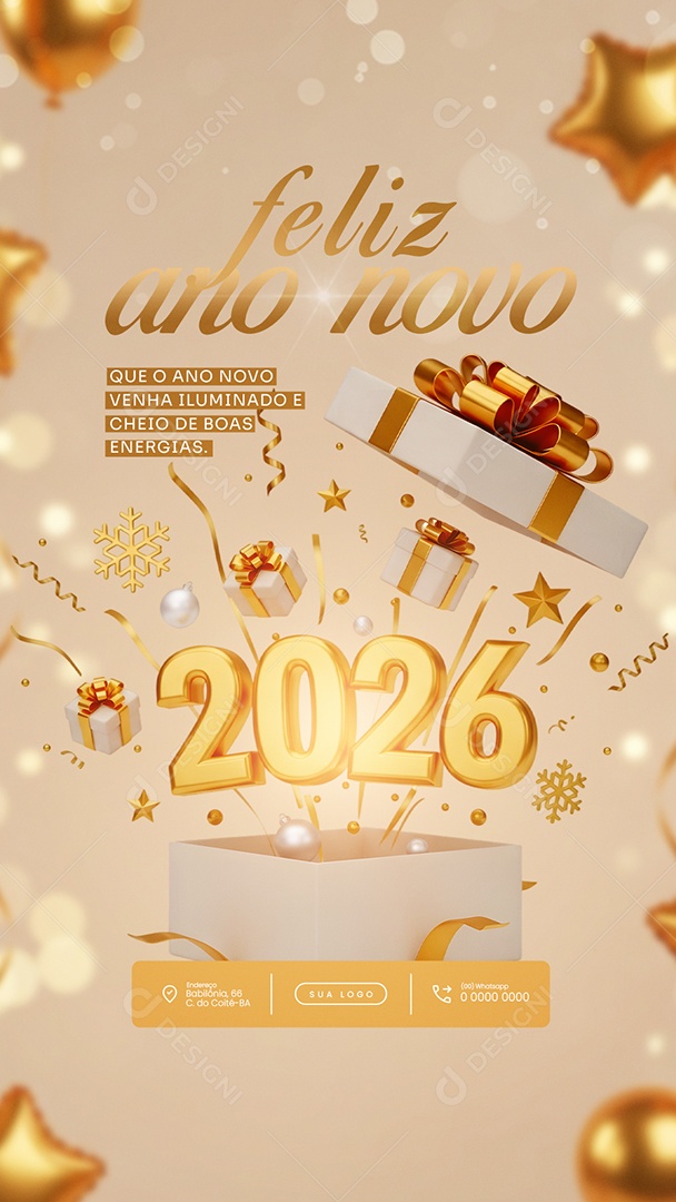 Flyer Feliz Ano Novo 2026 Story Cheio de Boas Energias Social Media PSD Editável