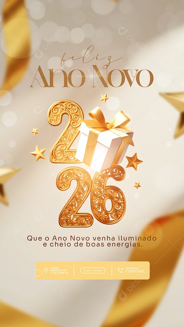 Flyer Feliz Ano Novo 2026 Story Que o Ano Novo Venha Iluminado Social Media PSD Editável
