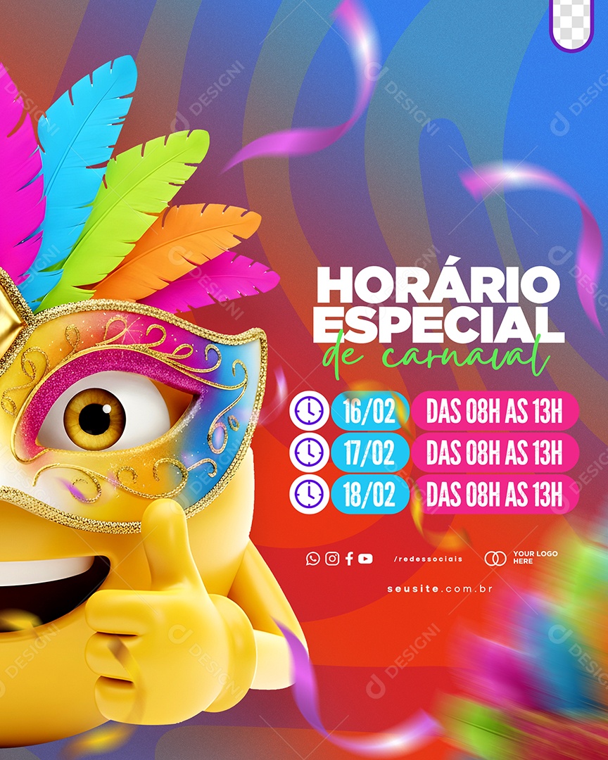 Horário Especial de Carnaval Social Media PSD Editável