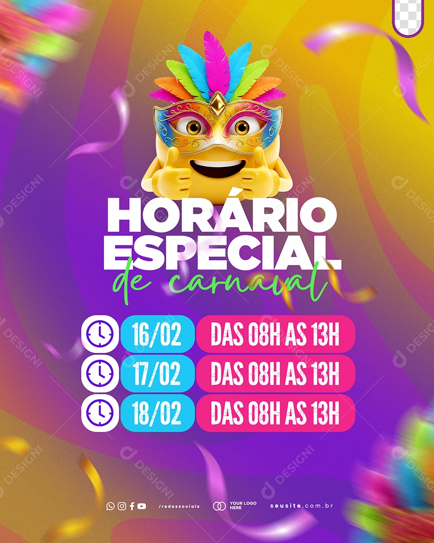 Horário Especial de Carnaval Social Media PSD Editável