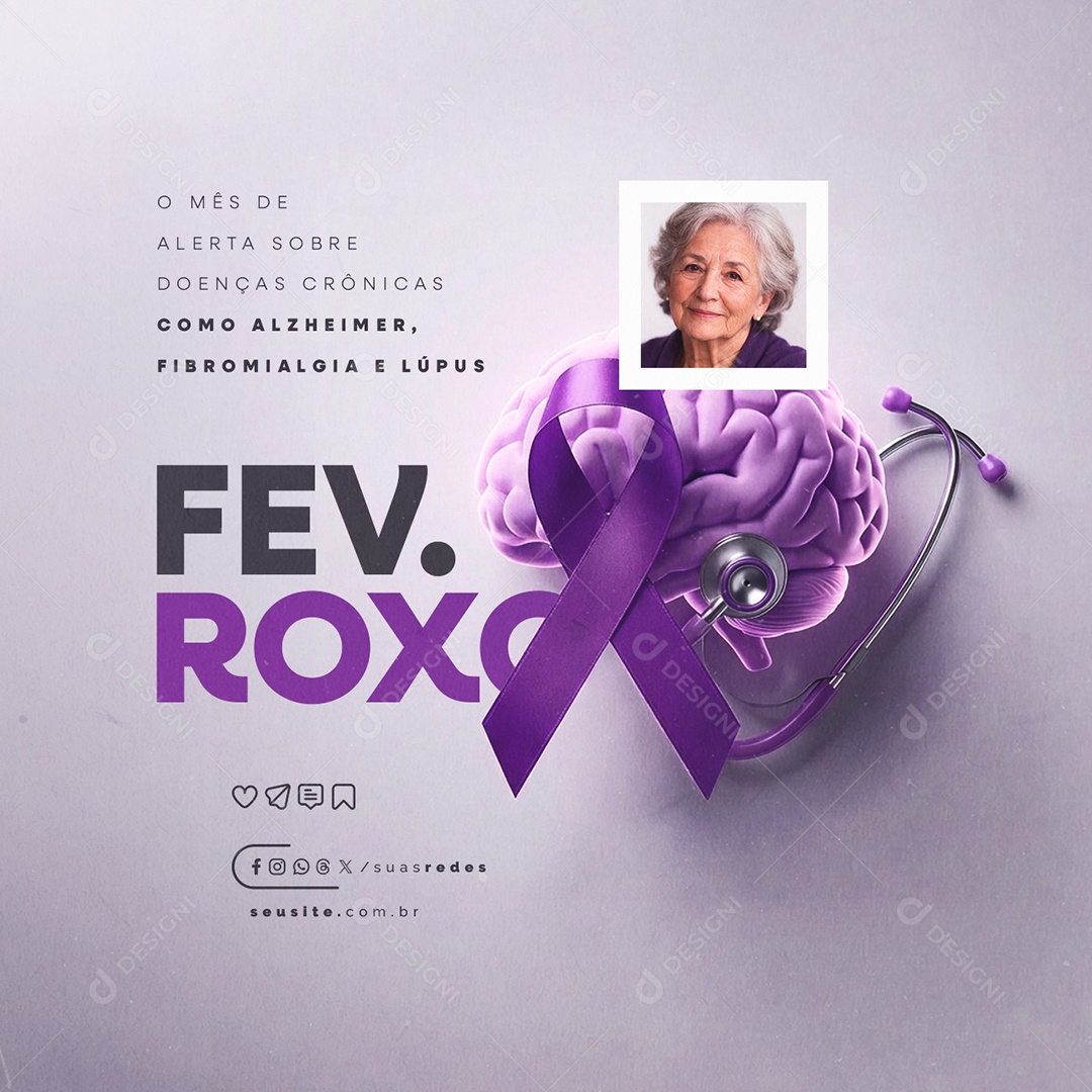 Fevereiro Roxo Mês de Alerta Sobre Doenças Crônicas Como Alzheimer Social Media PSD Editável
