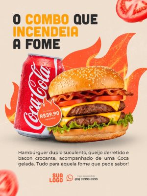 Promo Combo Que Incendeia A Fome Hambúrguer e Coca-Cola PSD Editável
