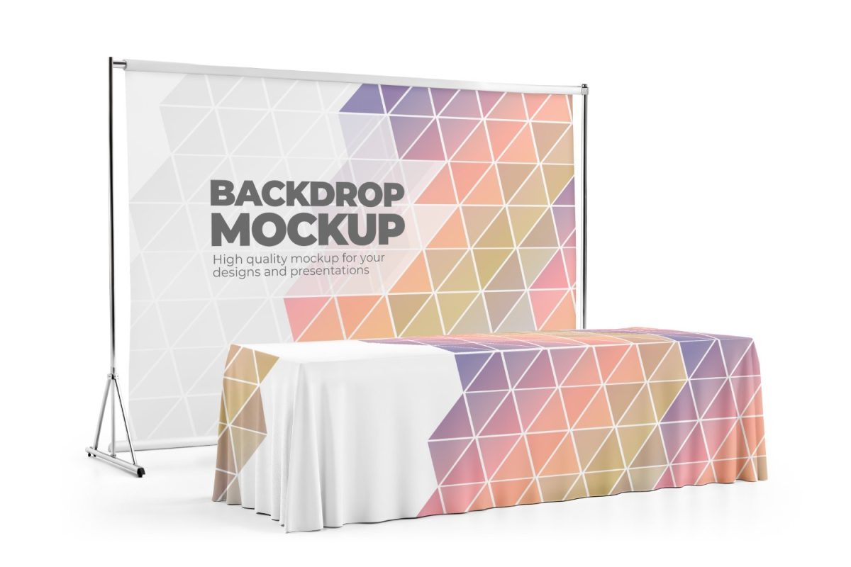 Backdrop Mockup Banner e Toalha de Mesa Geométrica PSD Editável