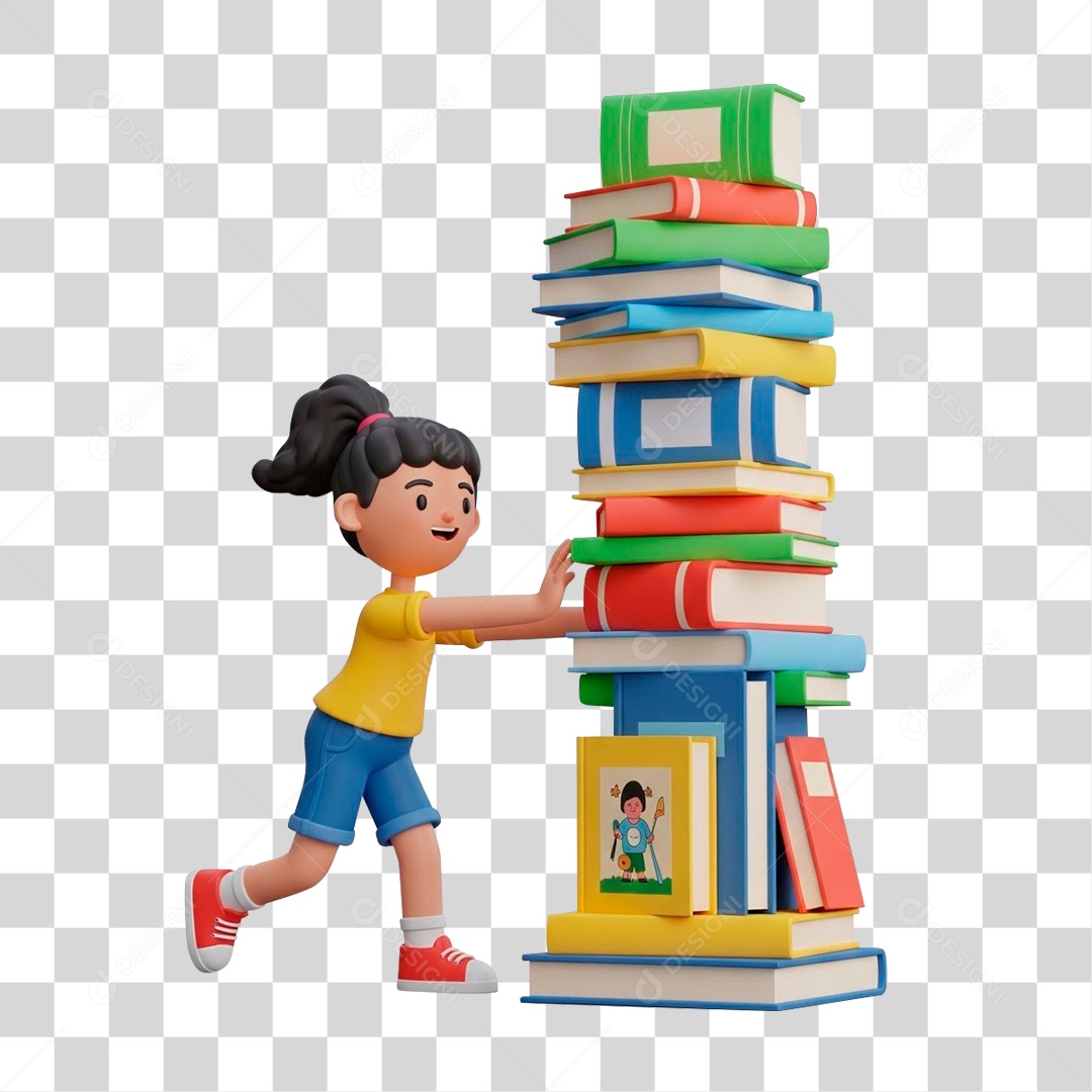 Personagem 3D Empurrando Pilha de Livros PNG Transparente