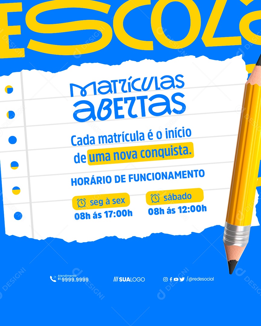 Matriculas Escolares Abertas Social Media PSD Editável