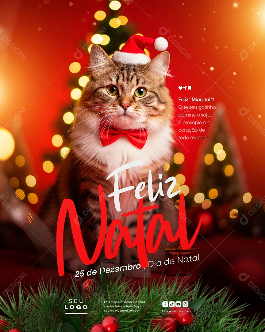Feliz Natal 25 de Dezembro Feliz Miau-tal Social Media PSD Editável