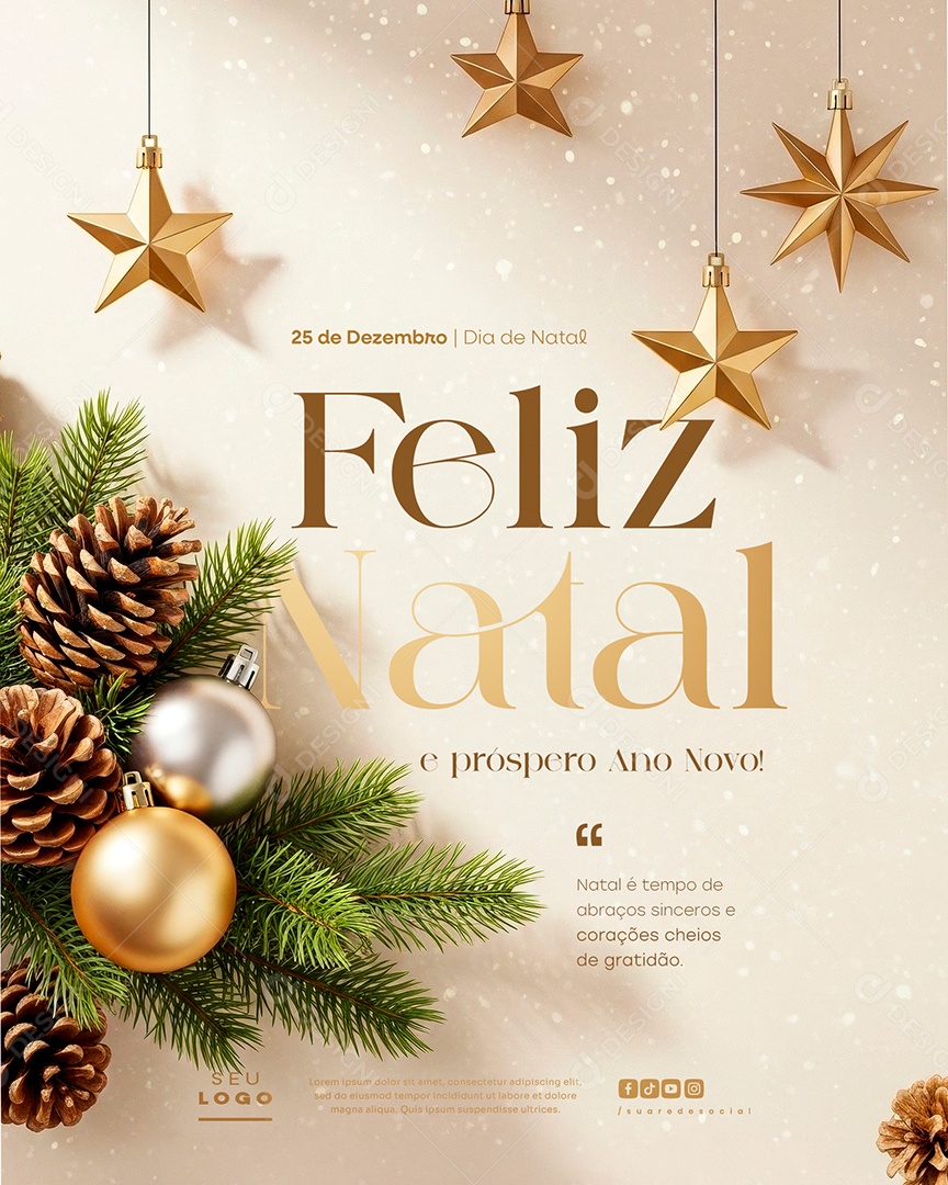 Feliz Natal 25 de Dezembro Próspero Ano Novo Cheios de Gratidão Social Media PSD Editável