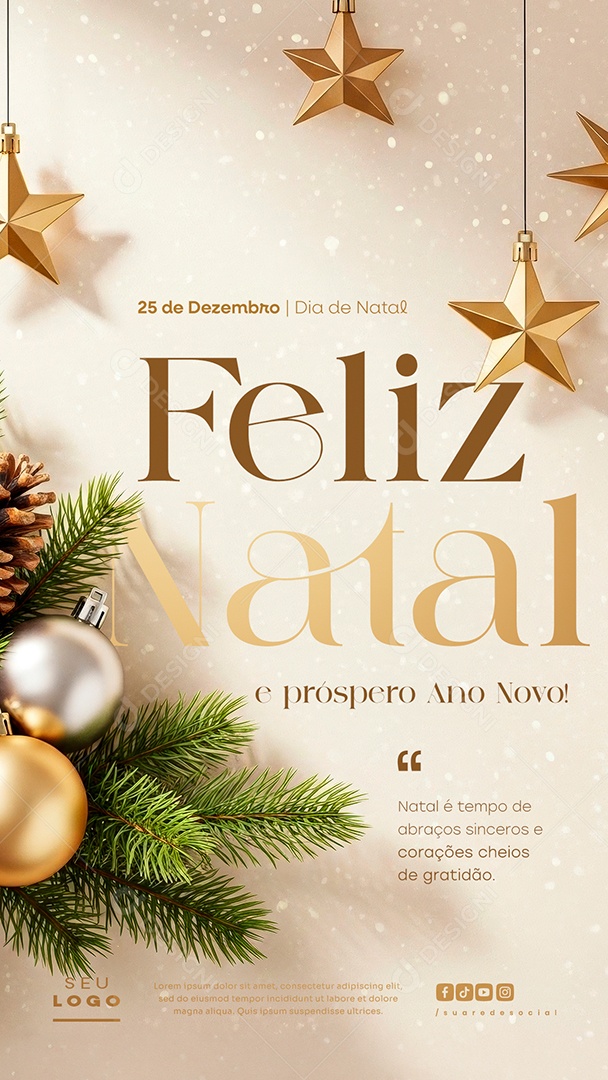 Feliz Natal 25 de Dezembro Próspero Ano Novo Cheios de Gratidão Story Social Media PSD Editável