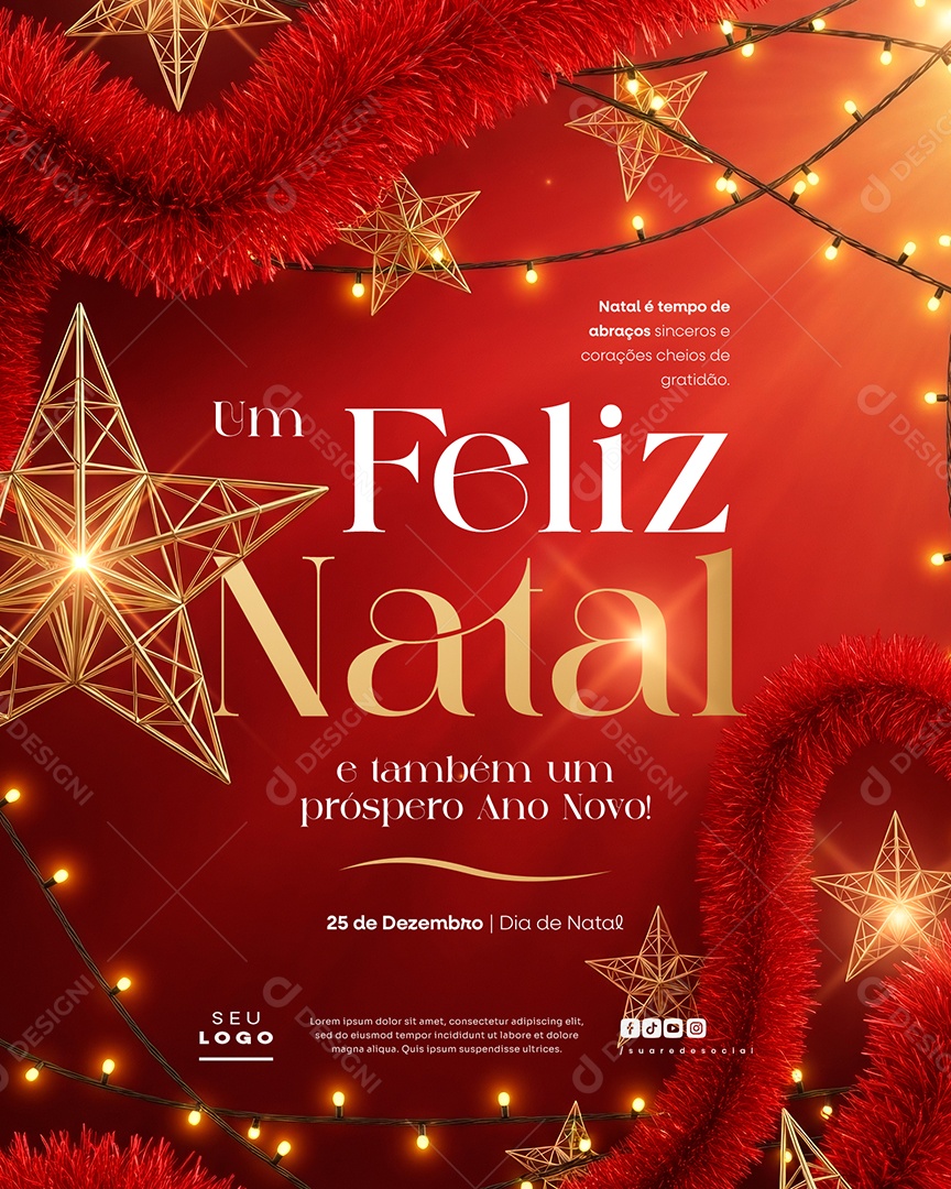 Feliz Natal 25 de Dezembro Próspero Ano Novo Tempo de Abraços Social Media PSD Editável
