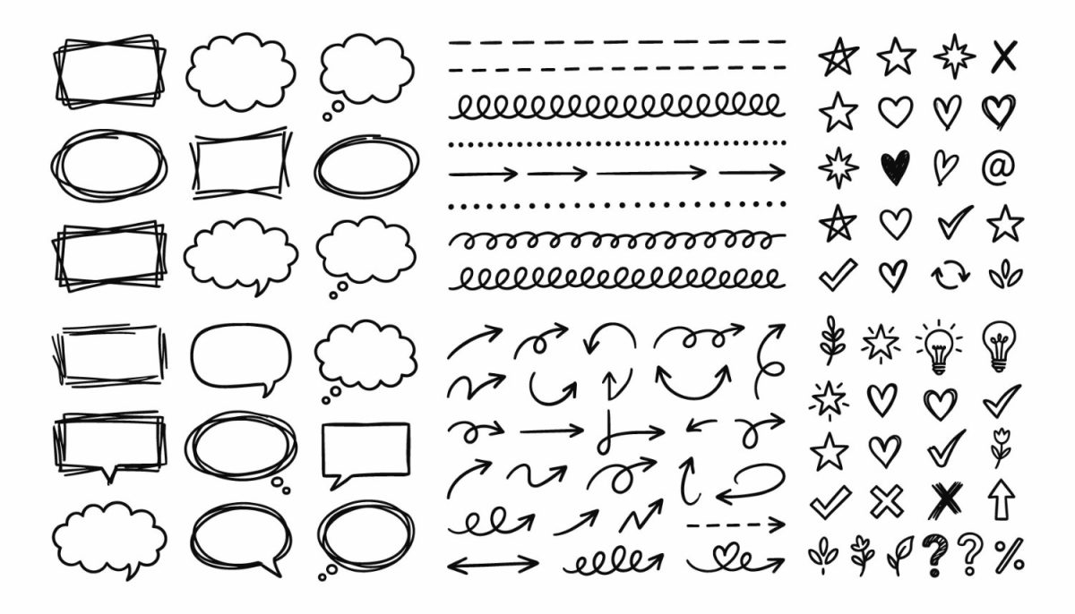 Conjunto de Setas, Formas, Balões, Linhas e Ícones Desenho Manual