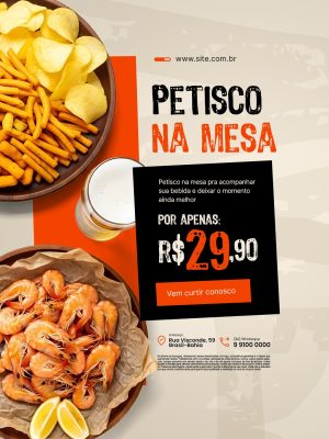 Petisco na Mesa Oferta Cerveja Camarão Frito R$ 29,90 PSD Editável