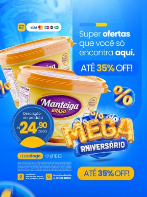 Aniversário Super Ofertas Manteiga Brasil Até 35% OFF PSD Editável
