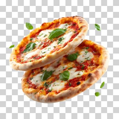 Duas Pizzas Marguerita Flutuando com Manjericão PNG Transparente