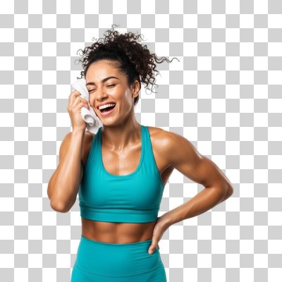 Mulher Sorridente Limpando Suor Após Treino PNG Transparente