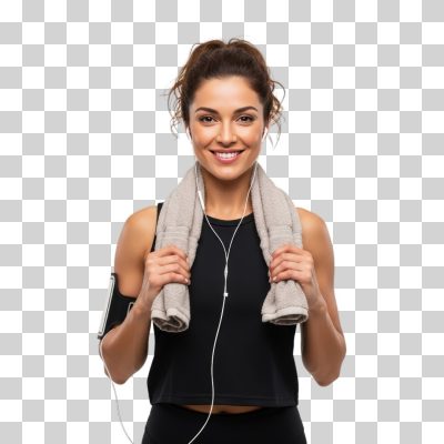 Mulher Fitness Sorridente com Fone e Toalha PNG Transparente