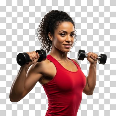 Fitness Mulher Forte Sorrindo com Halteres Treino PNG Transparente