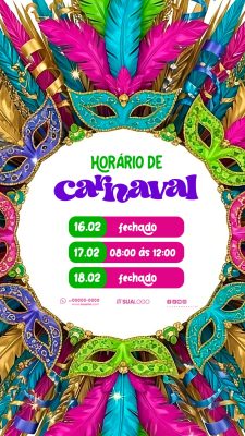 Carnaval Horário de Atendimento Máscaras e Plumas PSD Editável