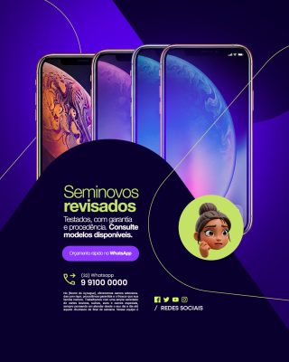 Manutenção de Celulares Seminovos Revisados Telefone WhatsApp Redes Sociais PSD Editável