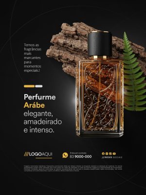 Perfumaria Perfume Árabe Elegante Amadeirado Intenso com Contato PSD Editável