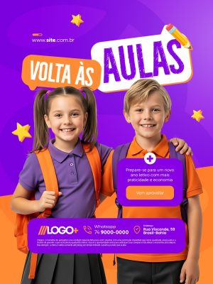 Papelaria Volta às Aulas Crianças com Mochilas Escolares PSD Editável