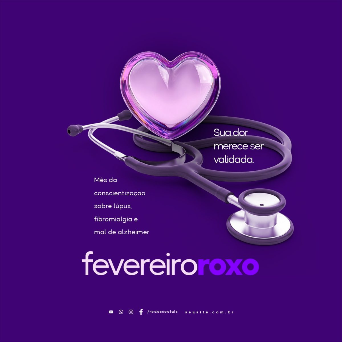 Fevereiro Roxo Mês da Conscientização Lúpus Fibromialgia Alzheimer PSD Editável