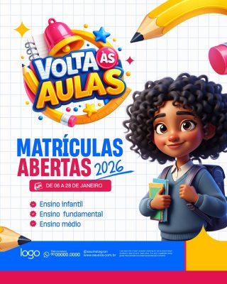Volta às Aulas Matrículas Abertas 2026 Escola Kids Ensino PSD Editável