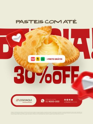 Pastelaria Pasteis com Até 30% Off Frete Grátis Ifood Uber Eats PSD Editável