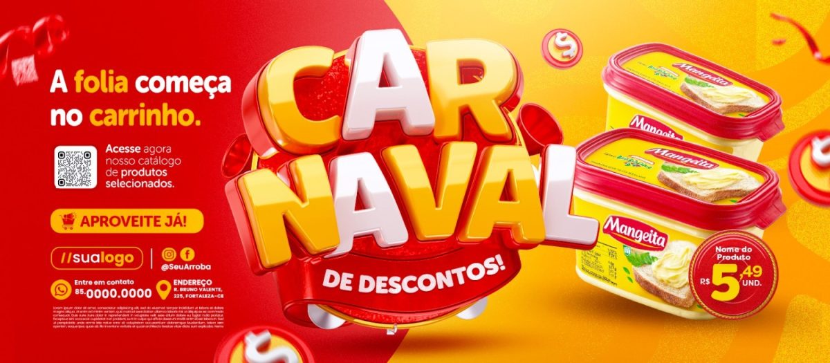 Banner Supermercado Carnaval de Descontos Margarina Folia Começa no Carrinho PSD Editável